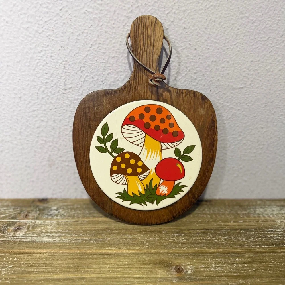 Vintage Merry Mushroom Wood Ceramic Trivet Brown Orange Boho Cottagecore Japan